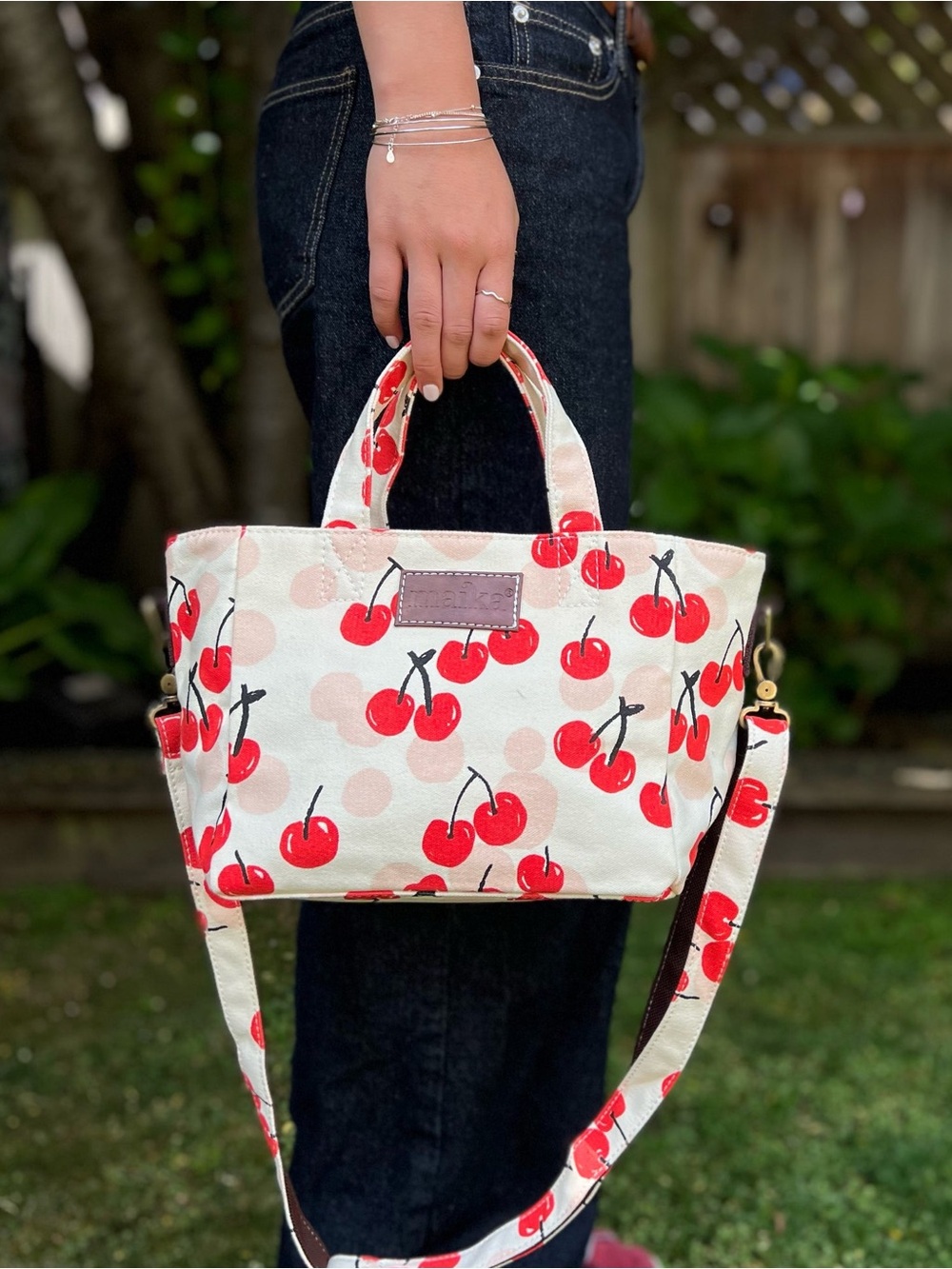 Maika Creme Red Cherries Canvas Medium Tote Crossbody Bag Indie Boho Tomato Girl